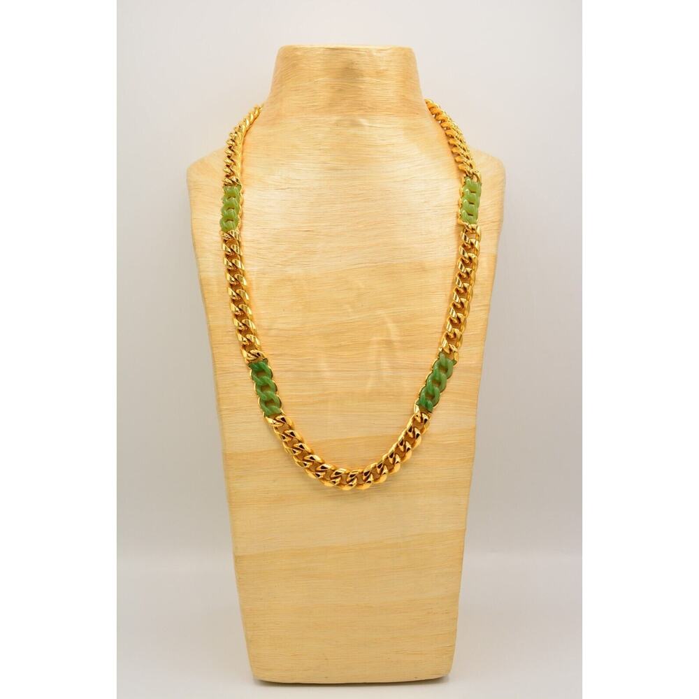 Givenchy Vintage Cuban Chain Necklace Gold Green Cabochon Heavy Signed 70s BinL - Picture 6 of 12